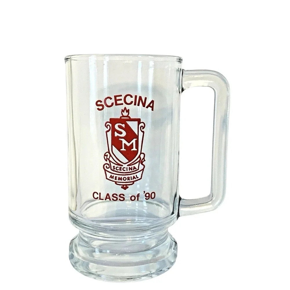 Scecina Memorial Beer Mug‎ Class of '90 Vintage Glass Stein Clear Red Graphic